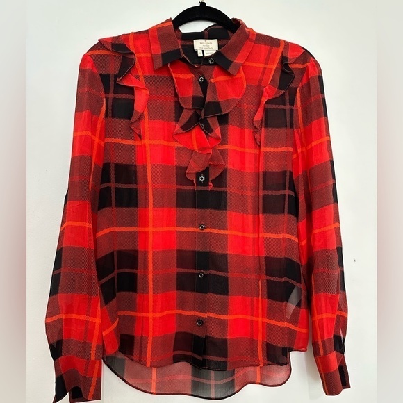 Kate Spade Red Plaid Semi Sheer Silk Ruffle Shirt size 2 - Picture 2 of 8